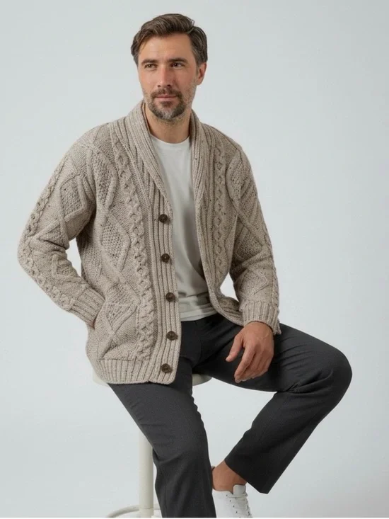 Aran Crafts Men's Merino Wool Shawl Neck Diamond Cardigan Oatmeal Size: Large