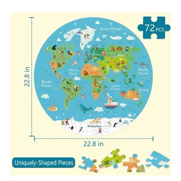 World Map Kids Puzzle - Blue & Green Educational Jigsaw