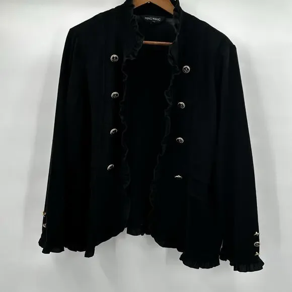 Ming Wang Cardigan Jacket Women Large Petite Black Ruffle Anchor Button Nautical
