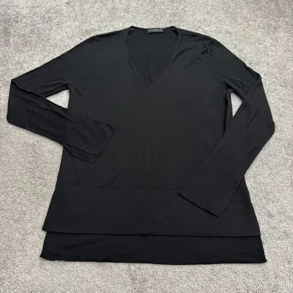 Zara Knit V-Neck Hi-Lo Pullover Sweater Womens Large Black Acrylic Blend Stretch