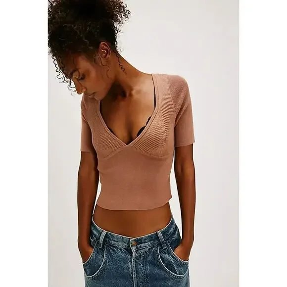 NWOT Free People Teagan Swit Short Sleeve Knit Ribbed Top Sweater - xs