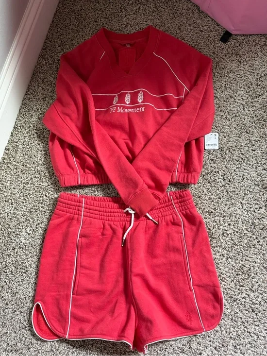 FP Movement Red Cropped Sweatshirt & Shorts Set