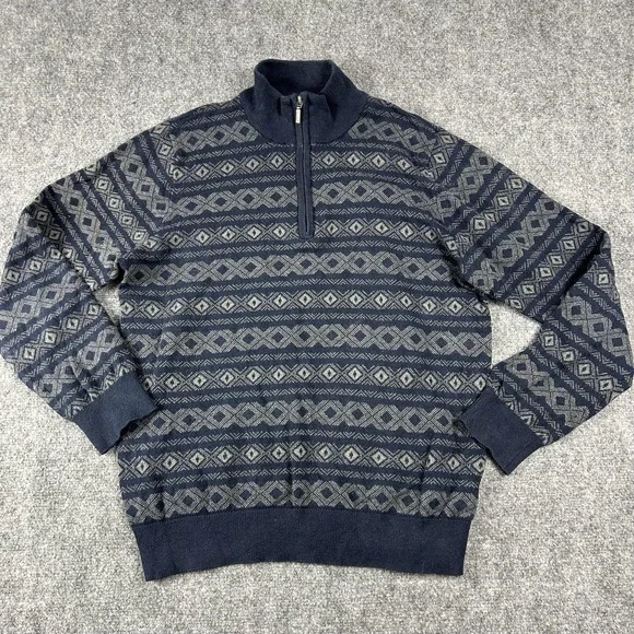 L.L.Bean Sweater Mens Medium Blue Fair Isle Quarter Zip Cotton Cashmere Pullover