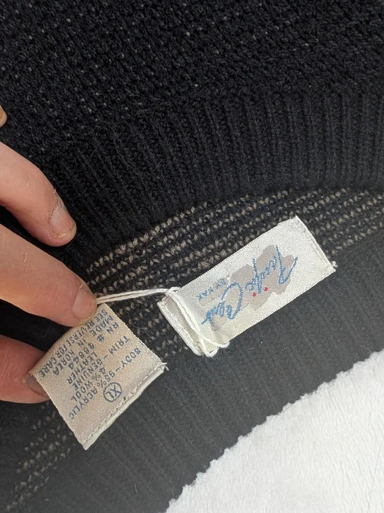 Men's Black and Taupe Patterned Pacific Club Vintage Sweater Leather Details XL