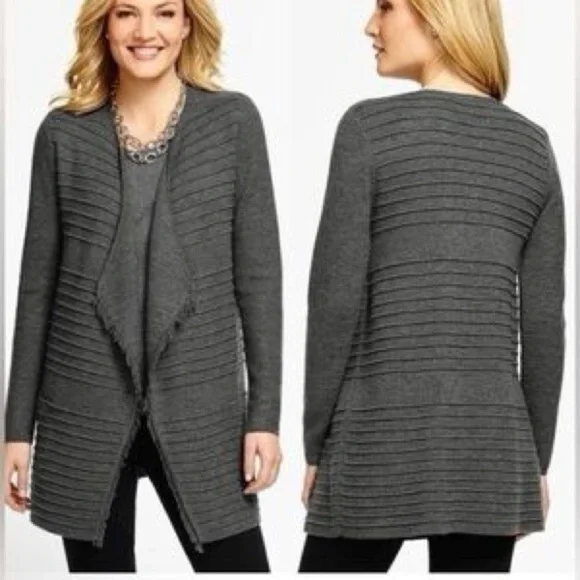 Talbots Petite Merino Wool Open Cardigan Fringe Gray Size SP