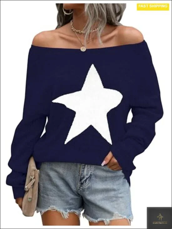 Off Shoulder Knitted Pullover Sweater with Star Graphic Long Sleeve Tunic
