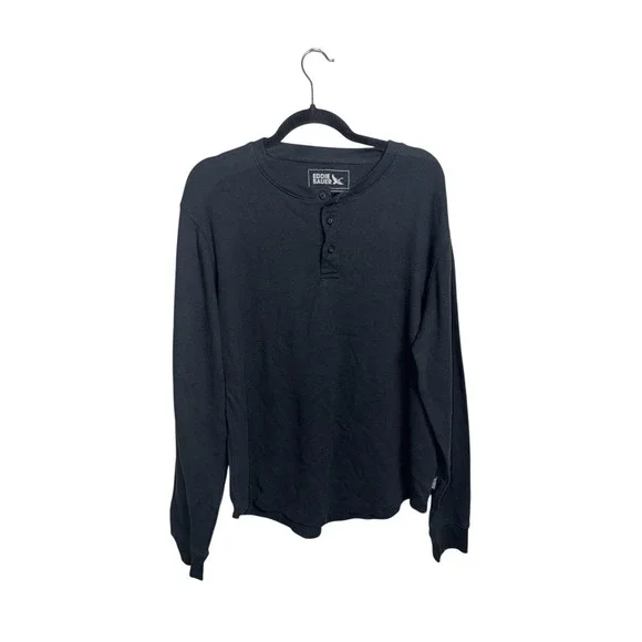 Eddie Bauer Thermal Henley Shirt Mens L Gray Waffle Knit Top Long Sleeve