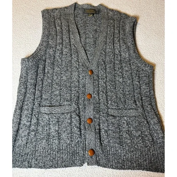 VTG Eddie Bauer Wool Sweater Vest Mens L Gray Cable Knit USA Outdoor Hunting