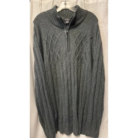 North Crest Men's Charcoal Grey Size XXLT 1/4 Zip Ribbed Cable Sweater Mock Neck