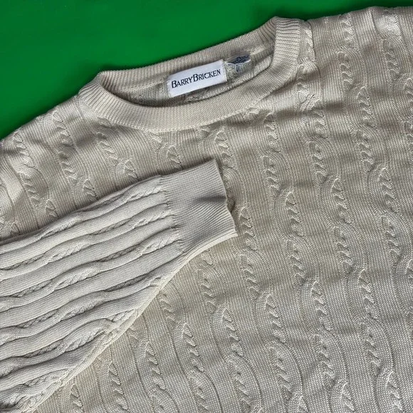 VTG Barry Bricken Cable Knit Sweater Mens XL Cream 100% Silk Fisherman Crewneck