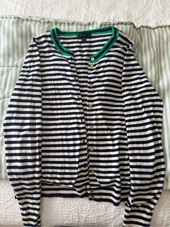 J. Crew Navy and White Striped Cotton Cardigan with Green Trim