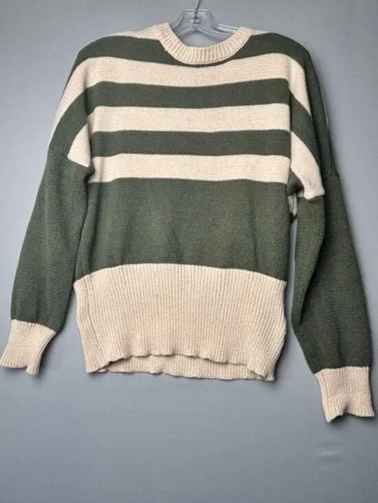 Doe and Rae Women's Green Cream Striped Knit Sweater M Criss Cross Back