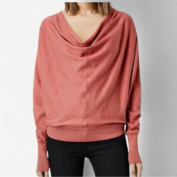 All Saints Cowl Neck Snap Button Back Sweater - Coral - Size 8
