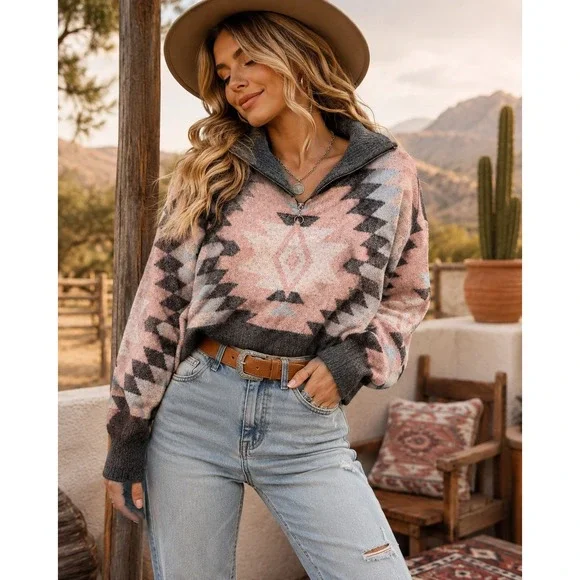 HYFVE Women's Medium Southwest Quarter Zip Cropped Sweater Cowgirl Western