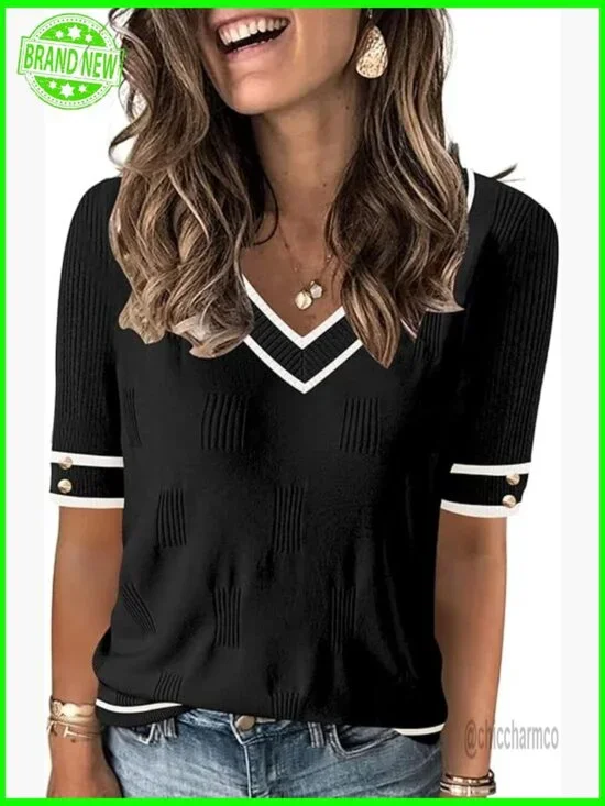 Lightweight V-Neck Short Sleeve Sweater with Decorative Buttons