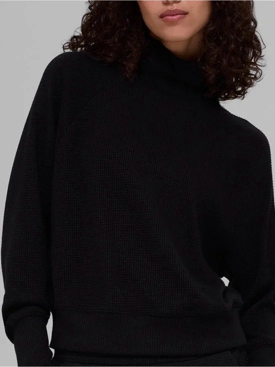ALO Waffle Weekend Black Mock Neck Cozy Sweater