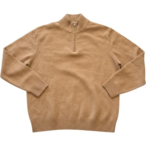 Lands End Mens Lambs Wool Cashmere 1/4 Zip Mock Neck Sweater Tan Luxury Large