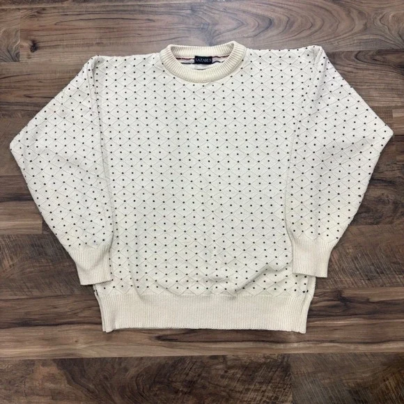 Vintage Y2K Lazarus Sweater Mens Large Cream 80s Diamond Knit Cotton Pullover