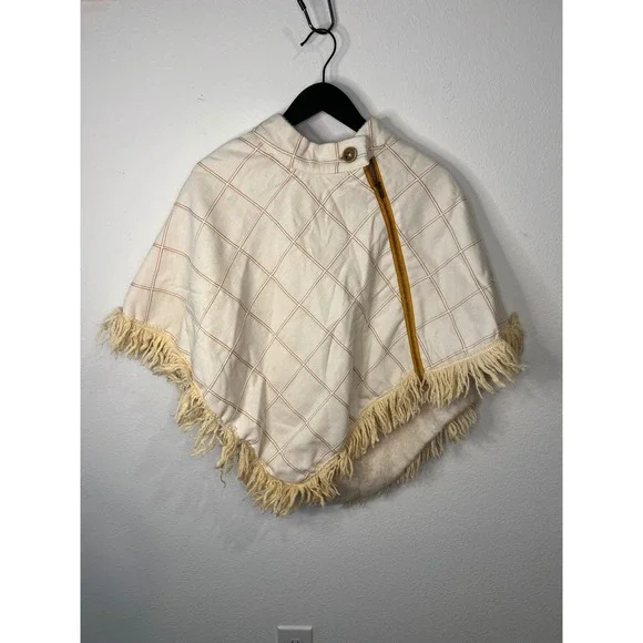 Three Squares Womens Poncho Grid Pattern Fringe Faux Fur Lined Cream OS