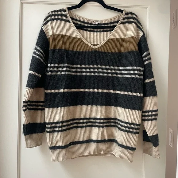 Brunello Cucinelli Striped V-Neck Women’s Sweater in Cream, Black & Olive