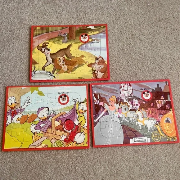 Vintage Walt Disney Framed Tray Puzzle Lot of 3‎ Lady Cinderella Donald Duck