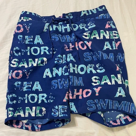 Brooks Brothers Swim Trunks Mens S Blue Ahoy Sea Anchors Nautical Print Shorts