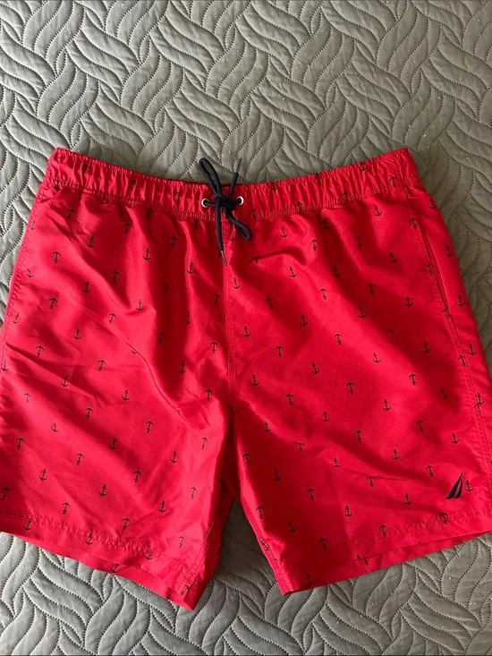 EUC - 🛥️ Nautica Red Swim Trunks with Navy Anchor Print