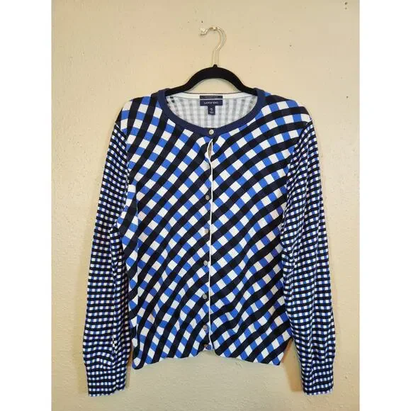 Lands' End Women's Multicolor Criss Cross Check Button‎ Front Cardigan Size XL