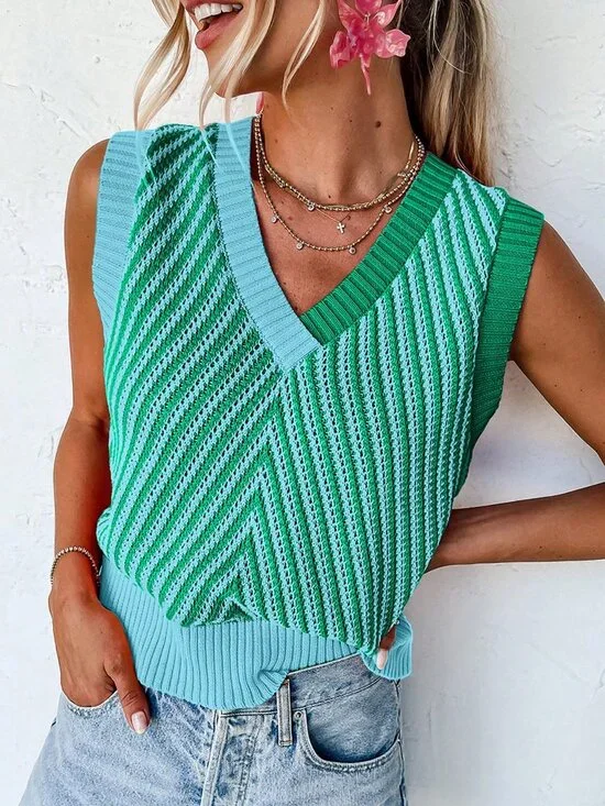 Green Casual Women's Striped V-Neck Sleeveless Knit Vest