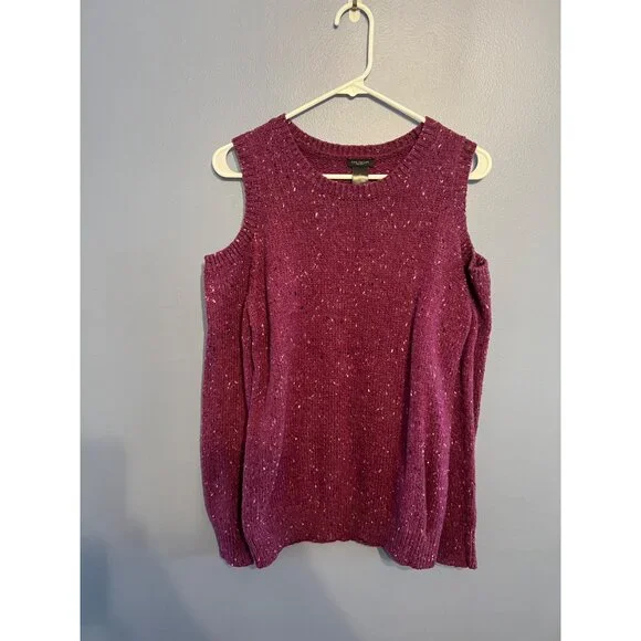 Ann Taylor Factory Burgundy/Purple Knitted‎ Cold Shoulder Sweater Size Large