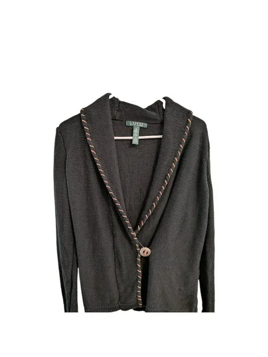 Lauren Ralph Lauren Cardigan M Black Linen Cotton Whipstitch Shawl Collar Boho