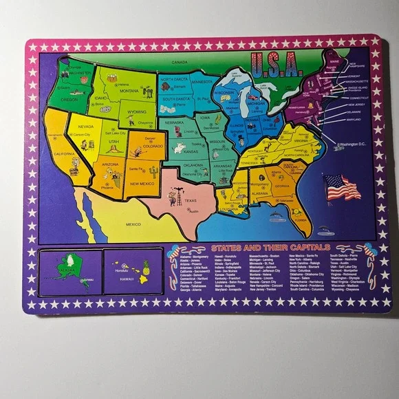 Vintage USA Map Wooden Tray Puzzle States and Their Capitals Educational Toy