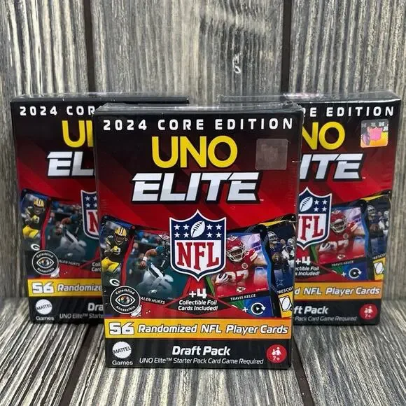 UNO Elite NFL 2024 Core Edition Draft Pack 56 Cards Mattel Games Lot of 3‎