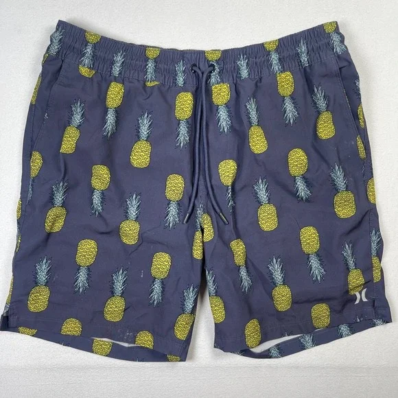 Hurley Swim Shorts Men's Large Gray Pineapple Print Nylon‎ Stretch Drawstring