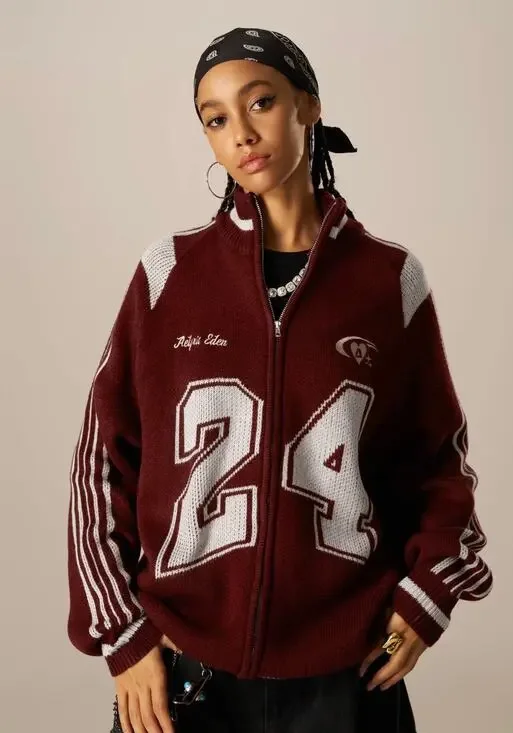 Aelfric Eden 24 Jacquard Oversized Zip Up Cardigan Maroon XS