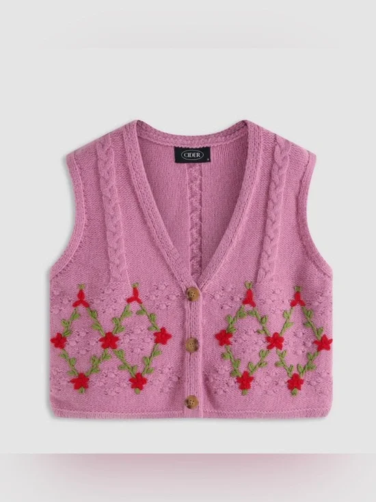 Cider Pink Embroidered Granny Knit Vest Sz M