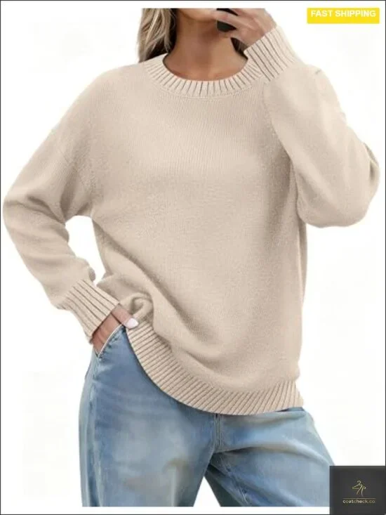 Fall Long Sleeve Crewneck Ribbed Knit Pullover Sweater Loose Fit