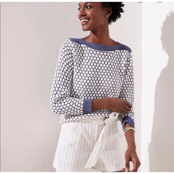 LOFT Blue White Honeycomb Textured Knit Boat Neck Sweater XL 3/4 Sleeve Like New