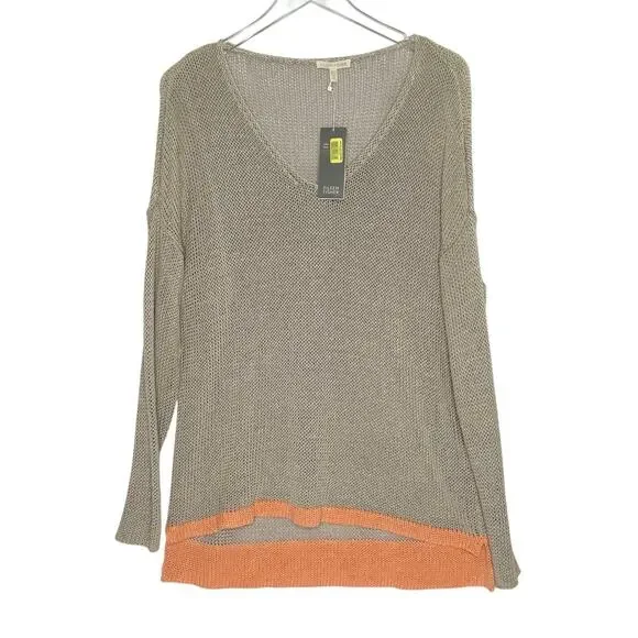 Eileen Fisher Womens V Neck Boxy Sweater XL NEW Natural Tan Peach 100% Linen