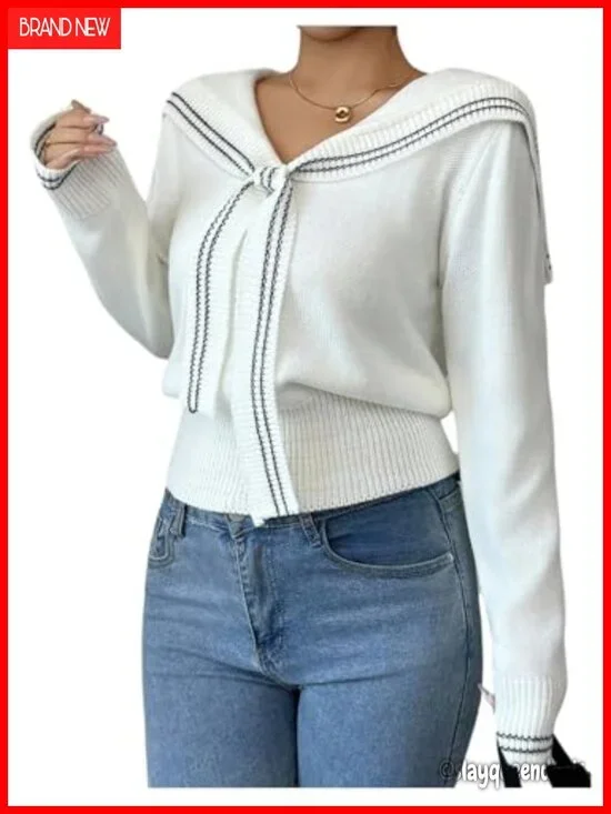 Striped Collared V Neck Sweater Long Sleeve Cinched Waist Knitted Pullover
