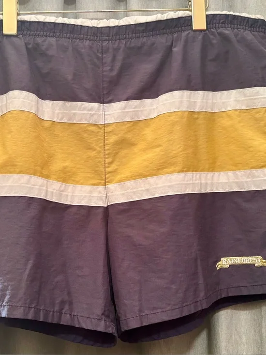 Vintage Rainforest Color Block Swim Trunks Mens Medium Navy Yellow Nylon Mesh Li