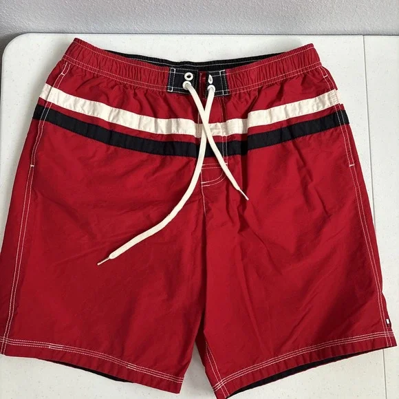 Tommy Hilfiger Men's Large Red‎ White Blue Stripe Board Short Swim Trunks