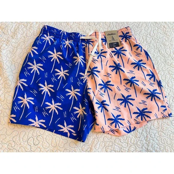 Chubbies Mens XL Swim Trunks Blue Pink Palm‎ Tree Split 5.5 Inseam Mesh Liner