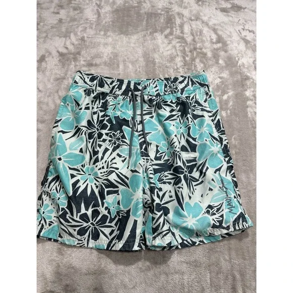 Maui and Sons Shorts Men's Size Medium Seafoam &‎ Black Floral Elastic Waist EUC
