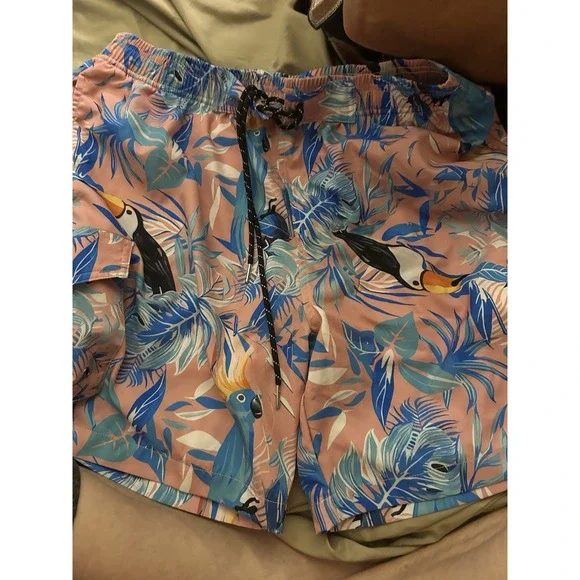 Mens Tropical Swim Trunks‎ Large Pink Blue Bird Print Beach Shorts