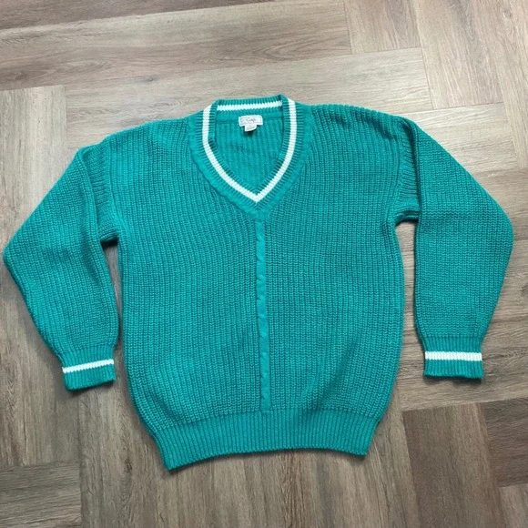 Vintage‎ 90s Gap Shaker Knit V Neck Preppy Sweater Women Medium Teal Green White