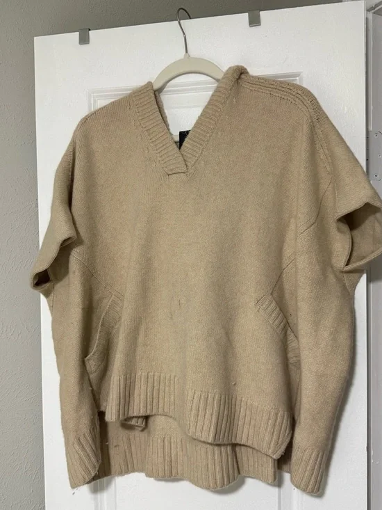 Relaxed V-Neck Knit Poncho Sweater in Neutral Tan