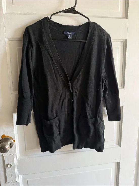 Chaps Black Long Sleeve V-Neck Button Cardigan
