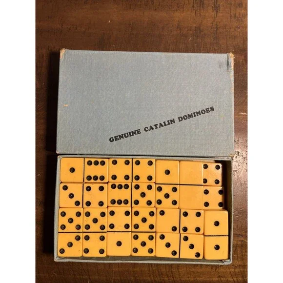 Vintage Genuine Catalin Butterscotch Dominoes Set Double Six w Original Box