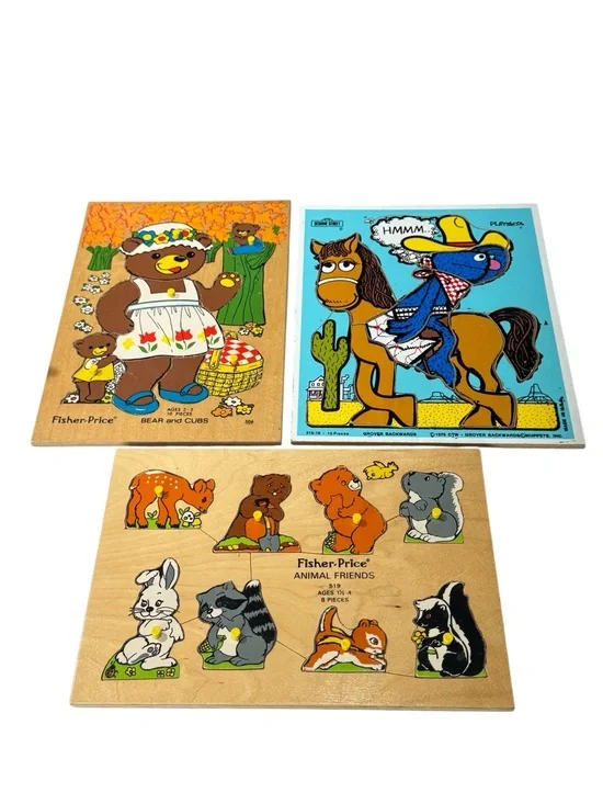 Lot of 3 VTG Puzzles - 2 Fisher-Price Wooden Animal & 1 Playskool Sesame Street